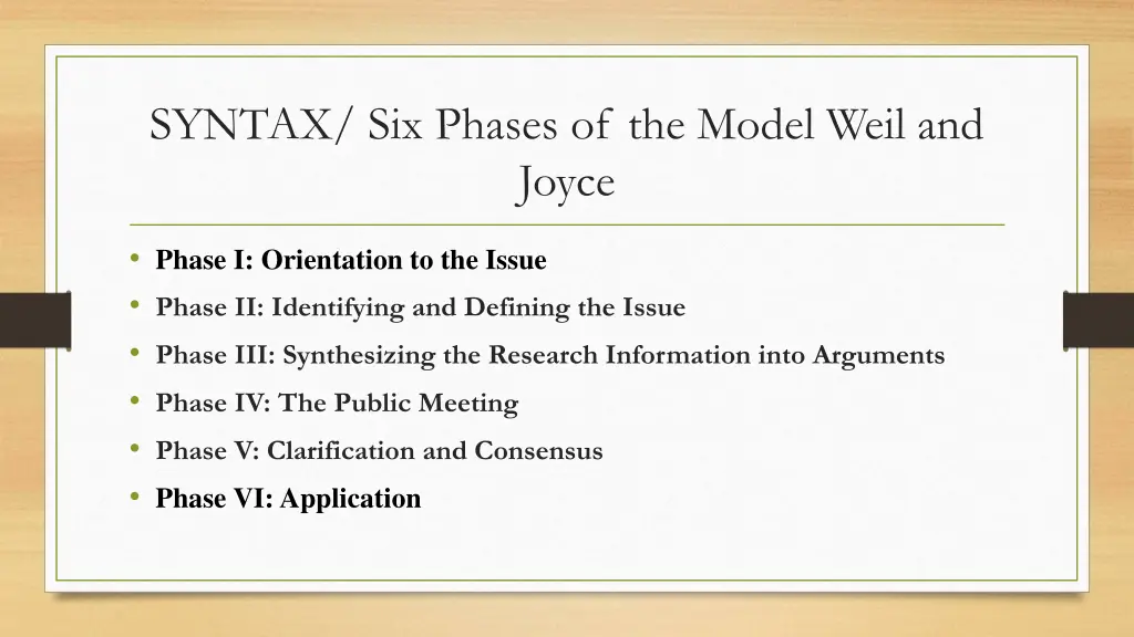 syntax six phases of the model weil and joyce
