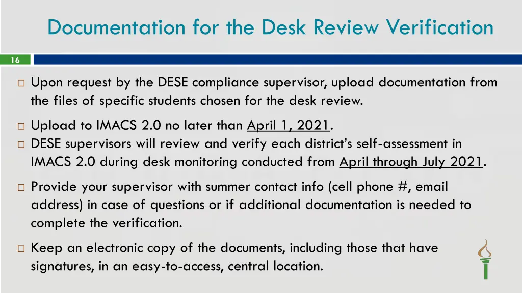 documentation for the desk review verification