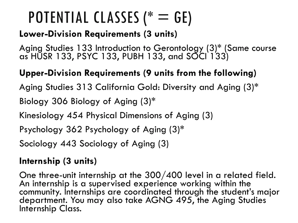 potential classes ge lower division requirements