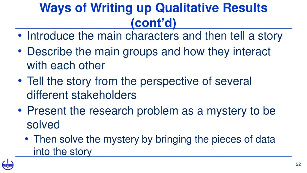 ways of writing up qualitative results cont