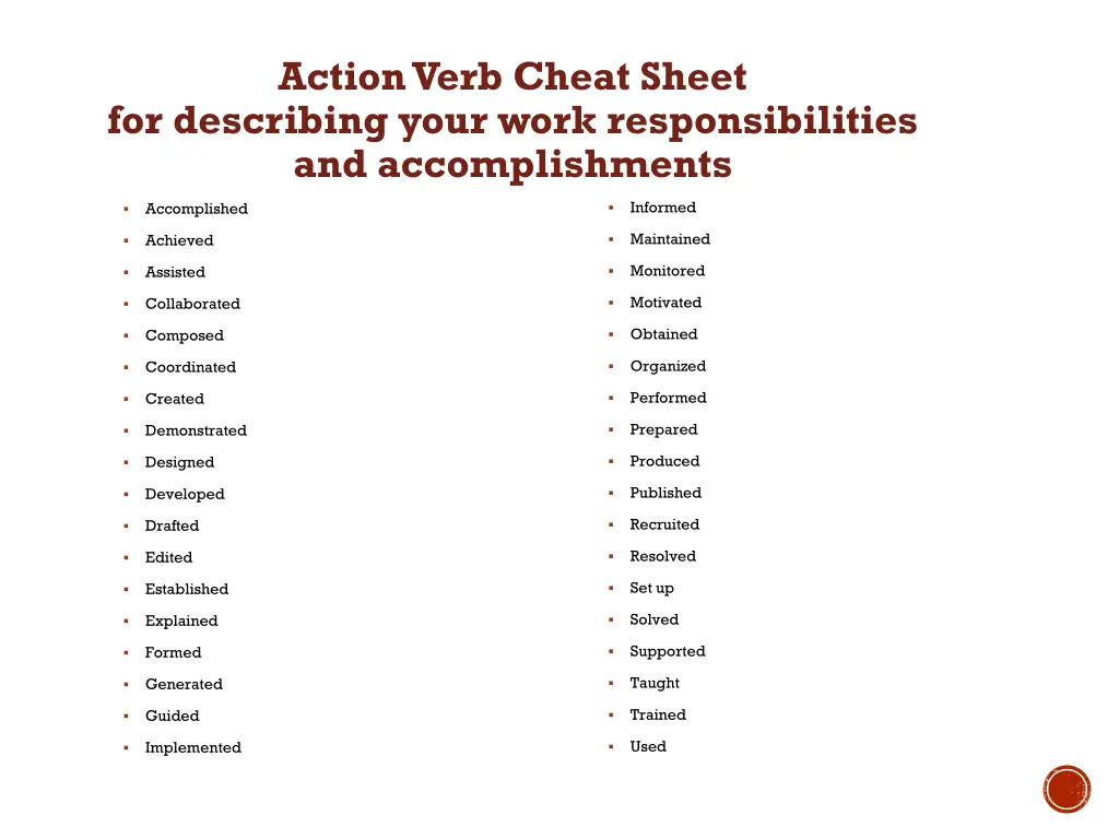action verb cheat sheet for describing your work