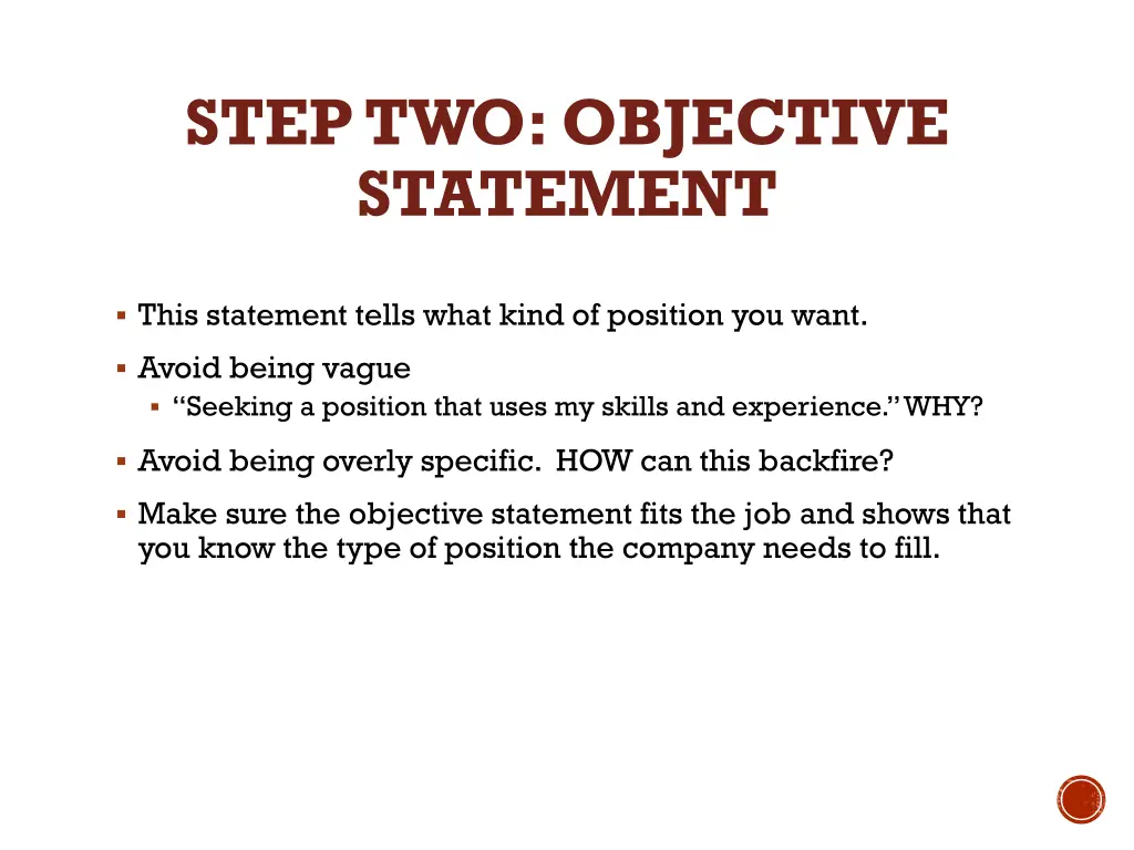 step two objective statement