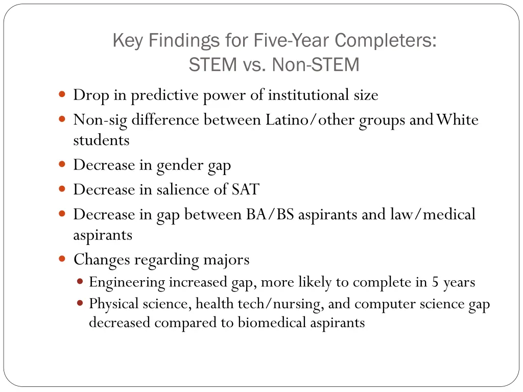key findings for five year completers stem