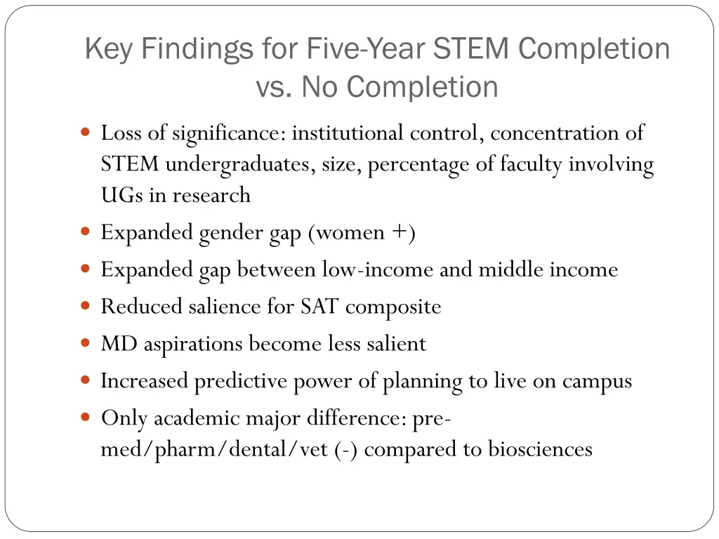 key findings for five year stem completion