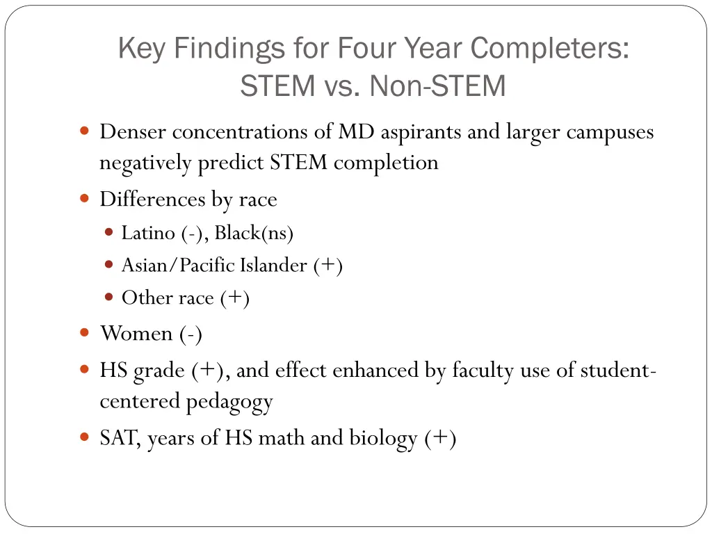 key findings for four year completers stem