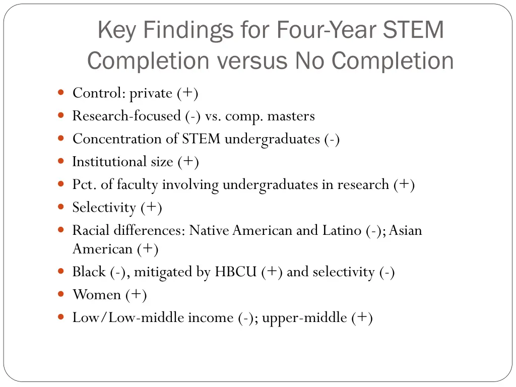 key findings for four year stem completion versus