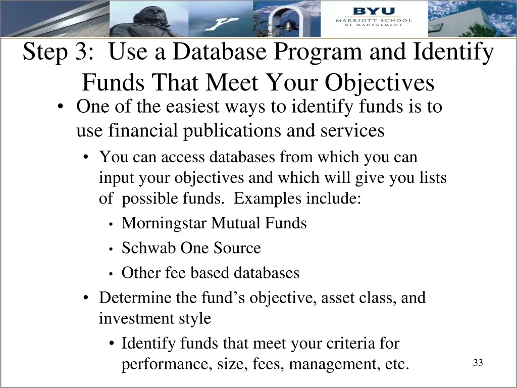 step 3 use a database program and identify funds