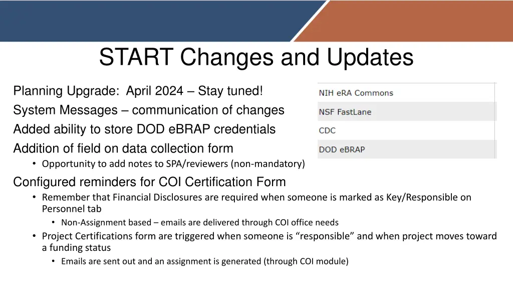 start changes and updates