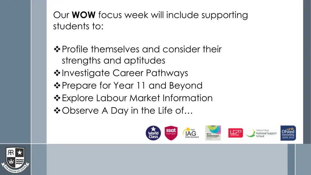 our wow focus week will include supporting