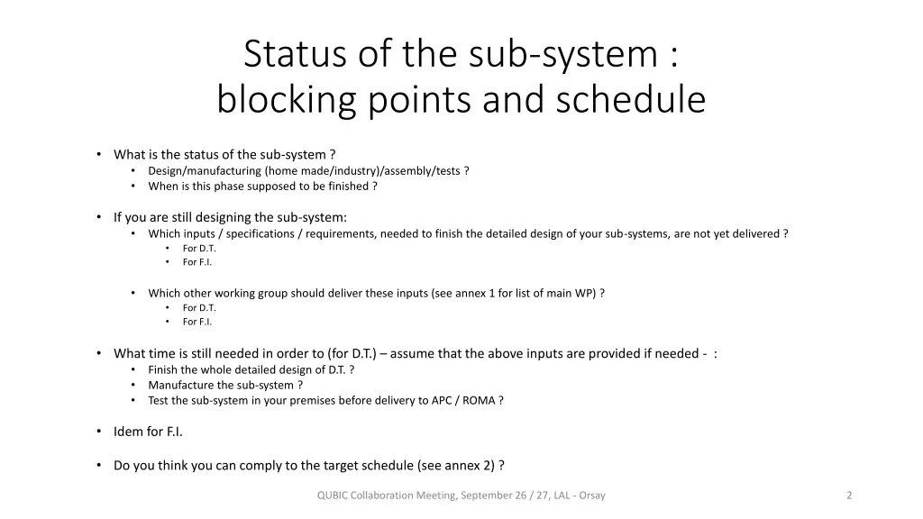 status of the sub system blocking points