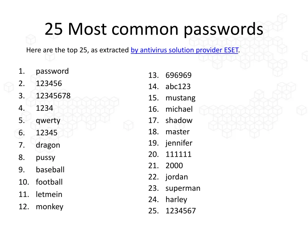 25 most common passwords