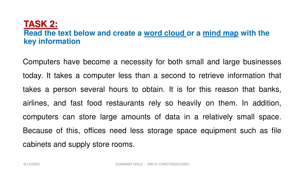 task 2 read the text below and create a word