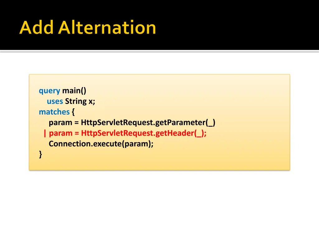 query main uses string x matches param
