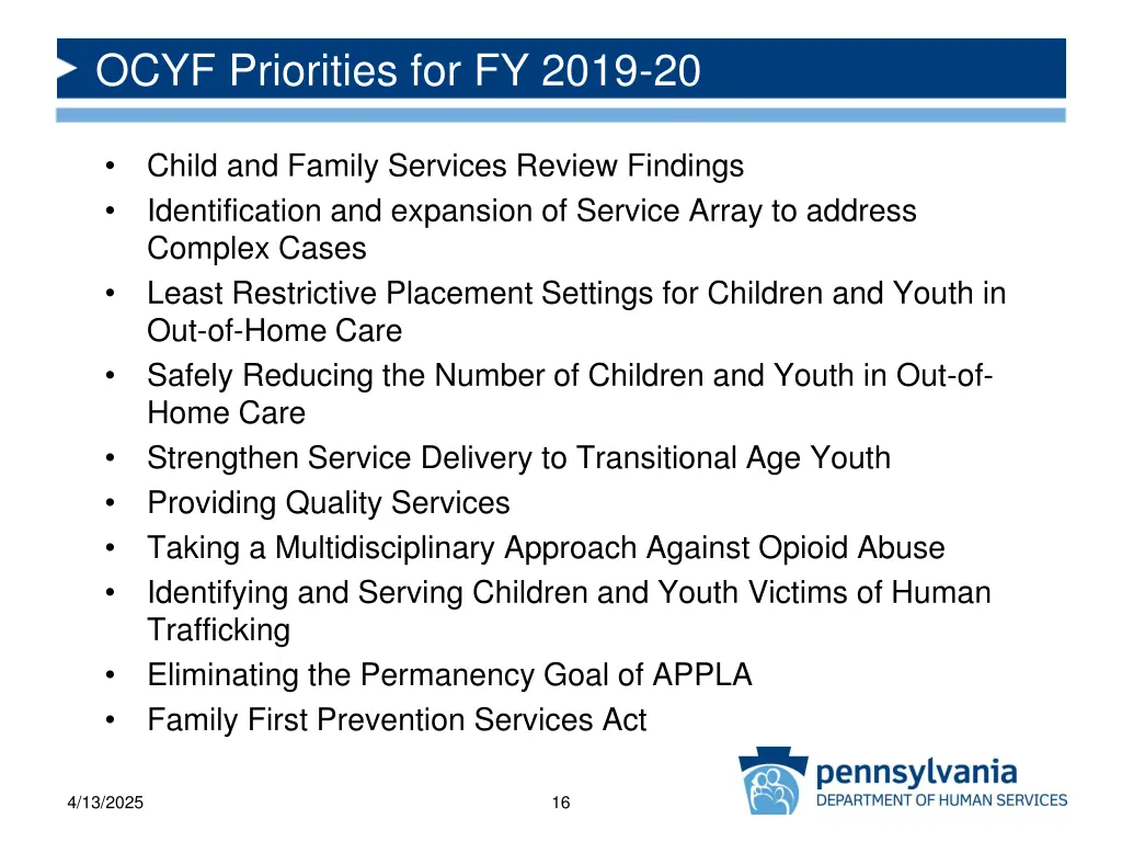 ocyf priorities for fy 2019 20