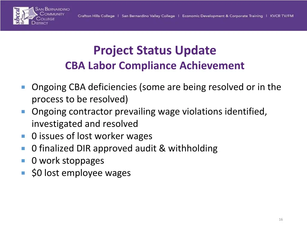 project status update cba labor compliance