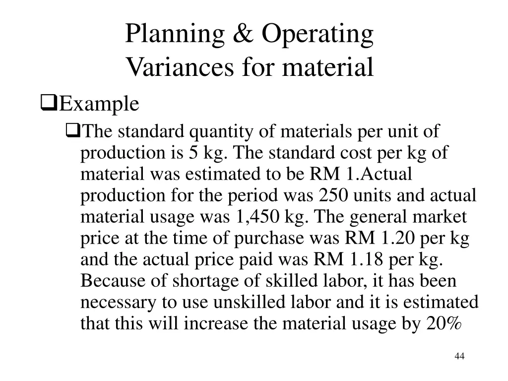 planning operating variances for material example