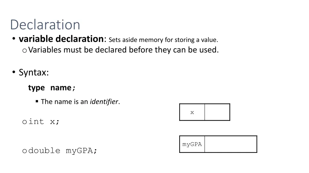 declaration variable declaration sets aside