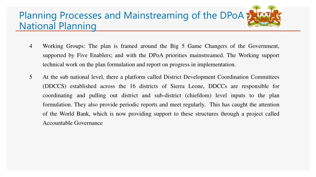 planning processes and mainstreaming of the dpoa 1