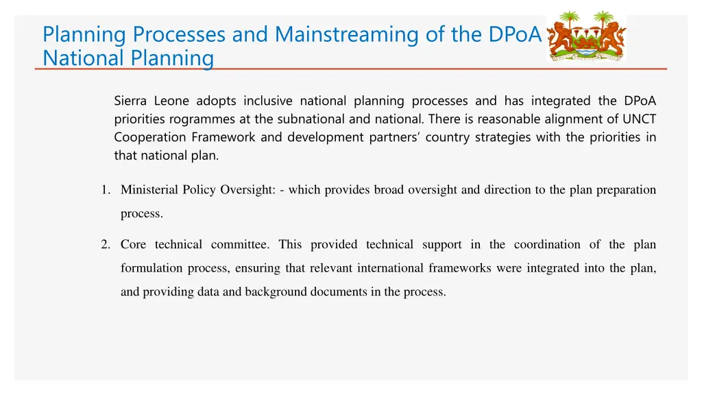 planning processes and mainstreaming of the dpoa