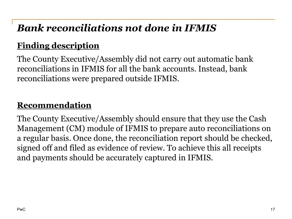 bank reconciliations not done in ifmis