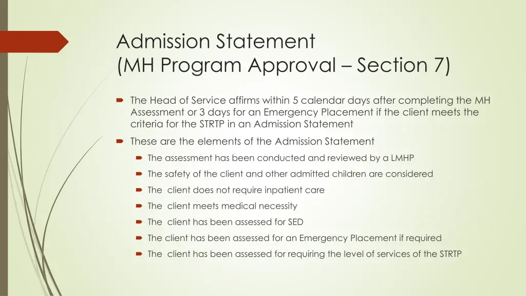 admission statement mh program approval section 7