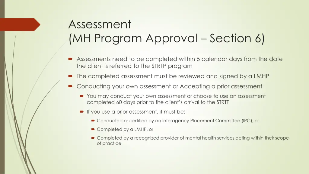 assessment mh program approval section 6
