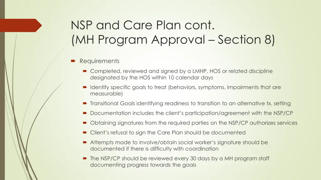 nsp and care plan cont mh program approval