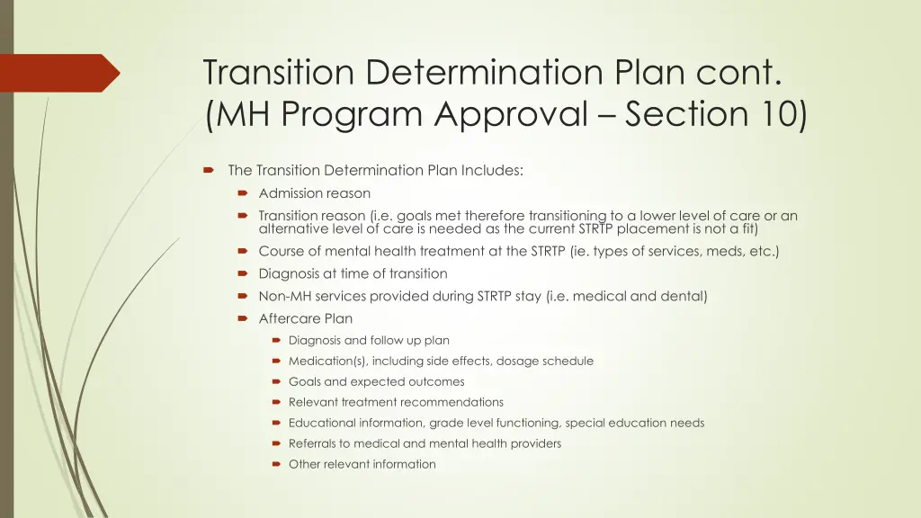 transition determination plan cont mh program