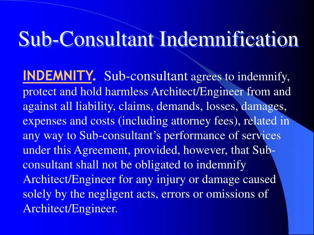 sub consultant indemnification