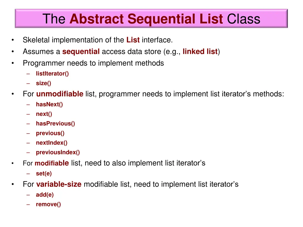 the abstract sequential list class