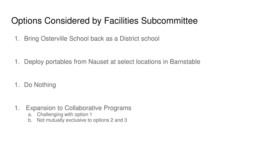 options considered by facilities subcommittee