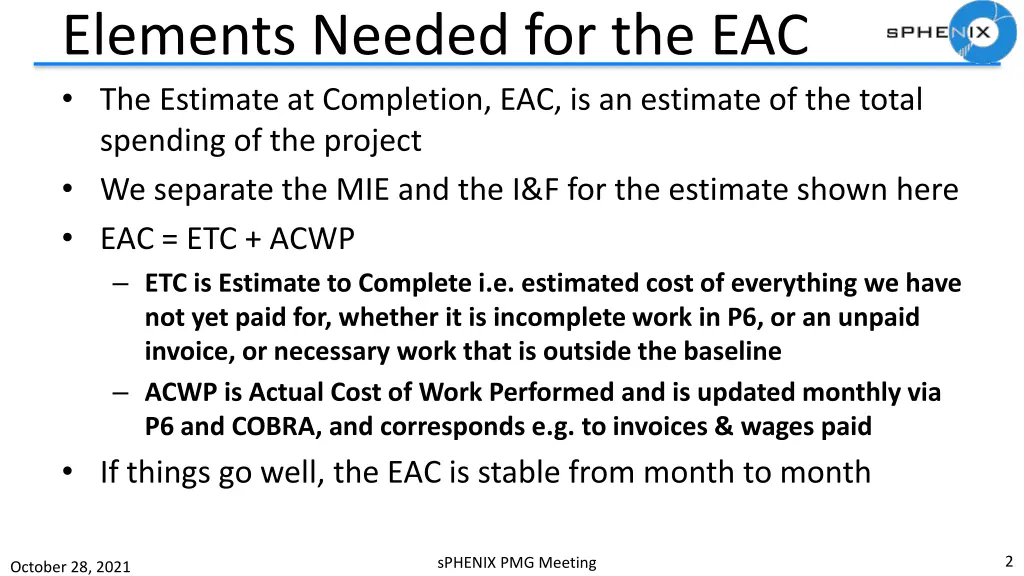 elements needed for the eac the estimate