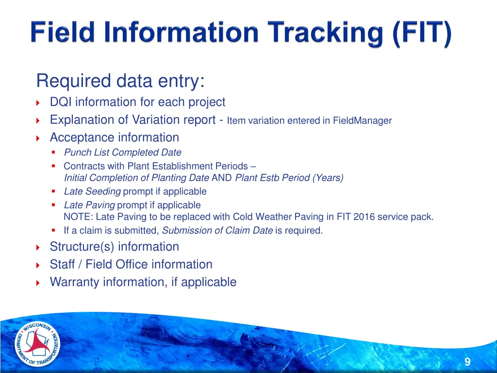 required data entry dqi information for each
