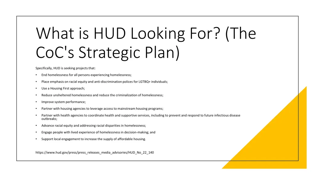 what is hud looking for the coc s strategic plan
