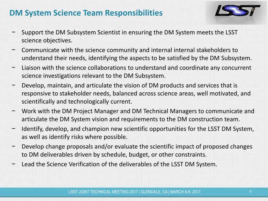 dm system science team responsibilities