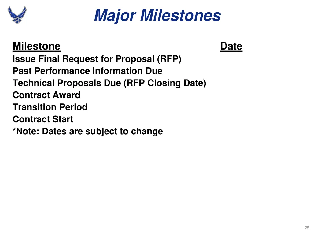 major milestones