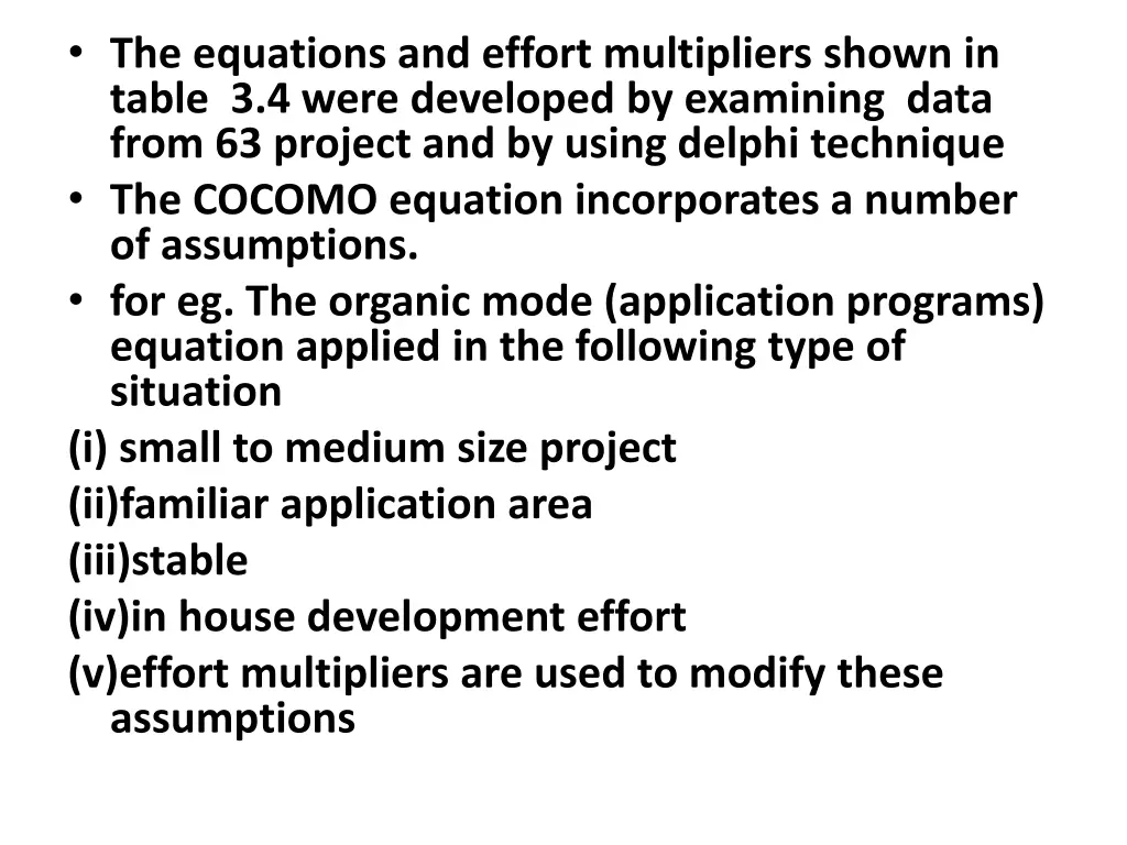 the equations and effort multipliers shown