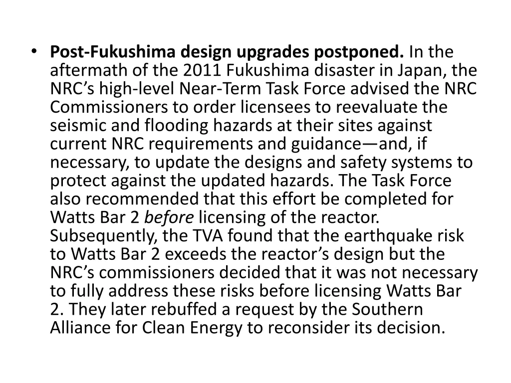 post fukushima design upgrades postponed