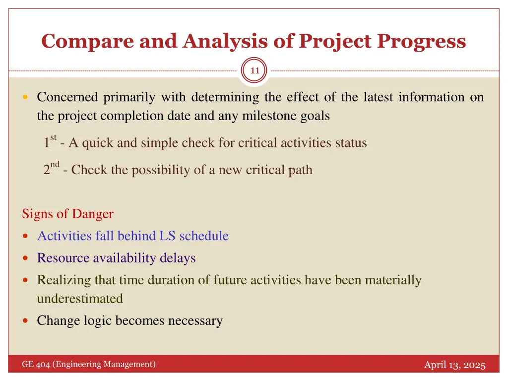 compare and analysis of project progress