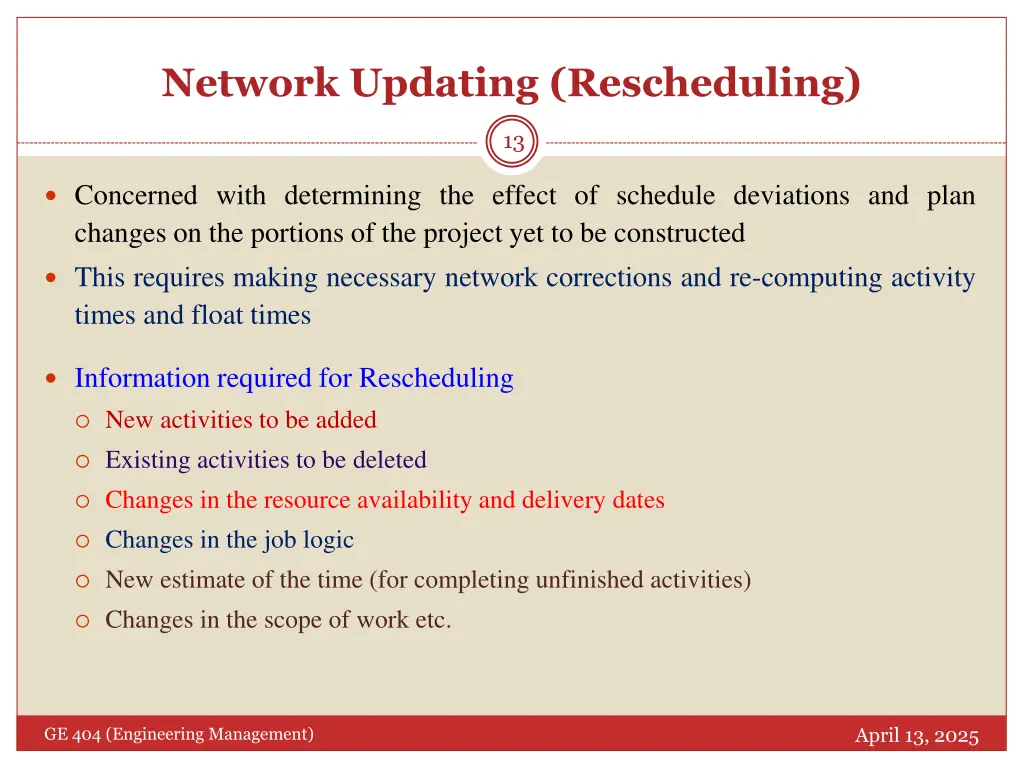 network updating rescheduling