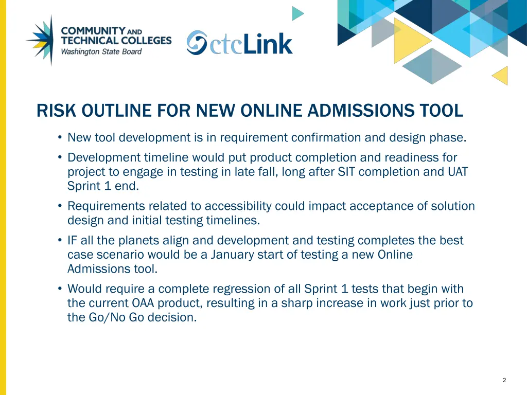 risk outline for new online admissions tool