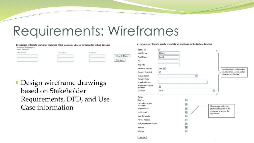 requirements wireframes