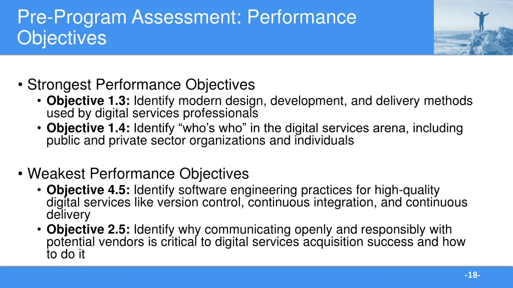 pre program assessment performance objectives