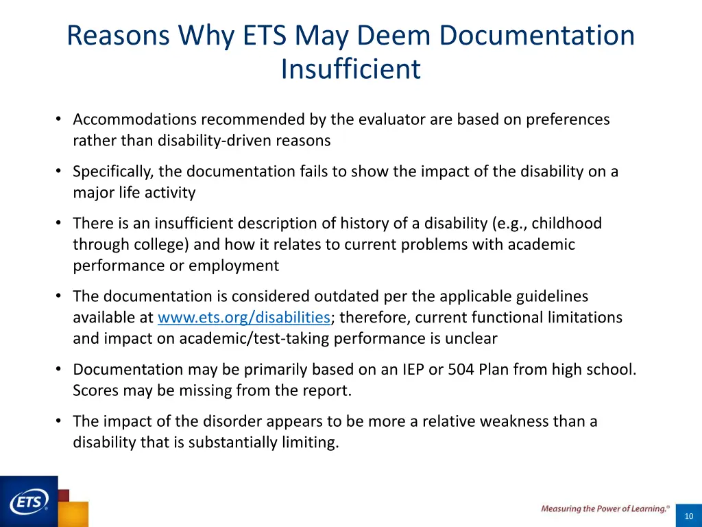 reasons why ets may deem documentation