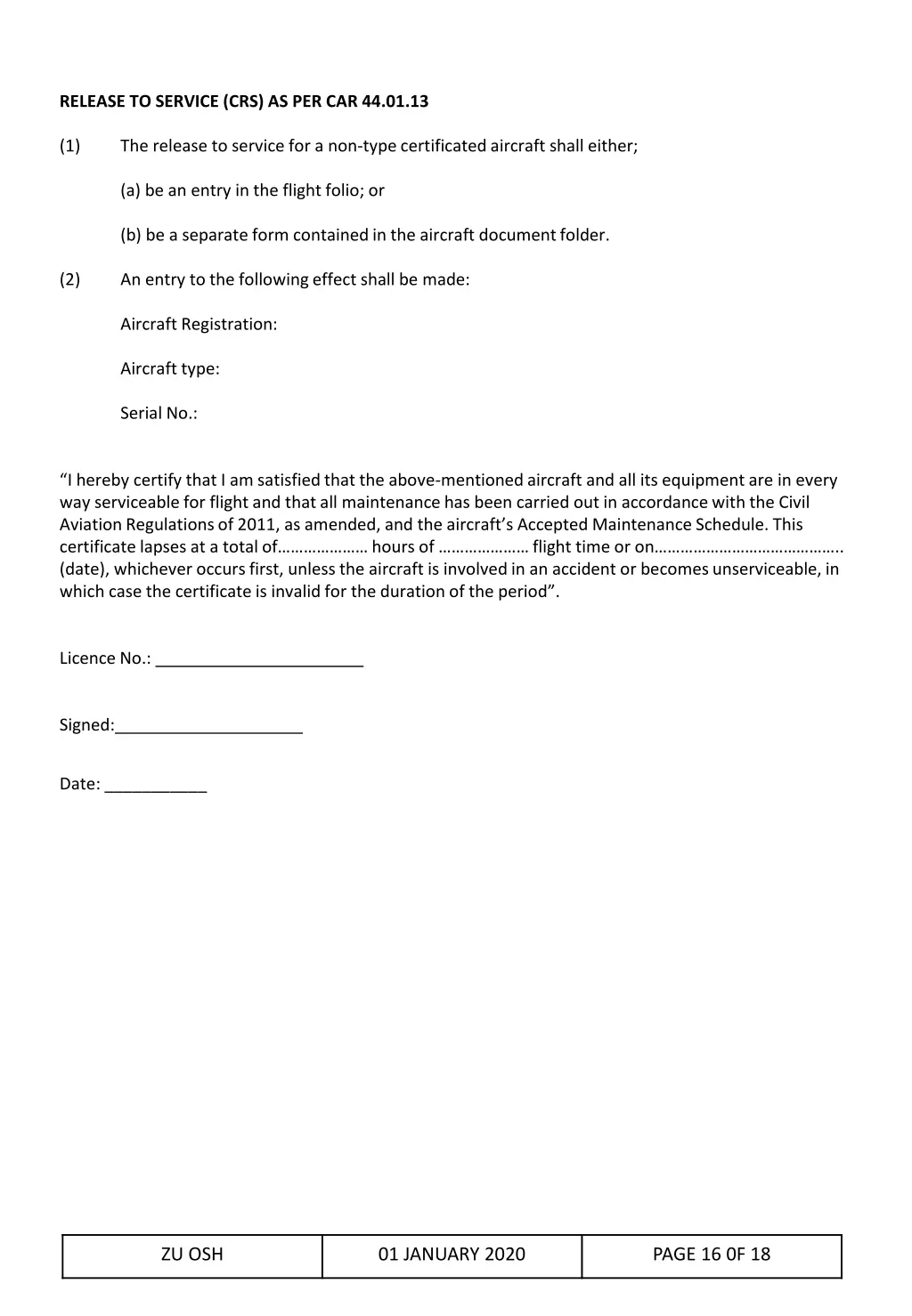 release to service crs as per car 44 01 13