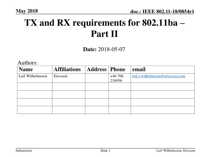 may 2018 tx and rx requirements for 802 11ba part