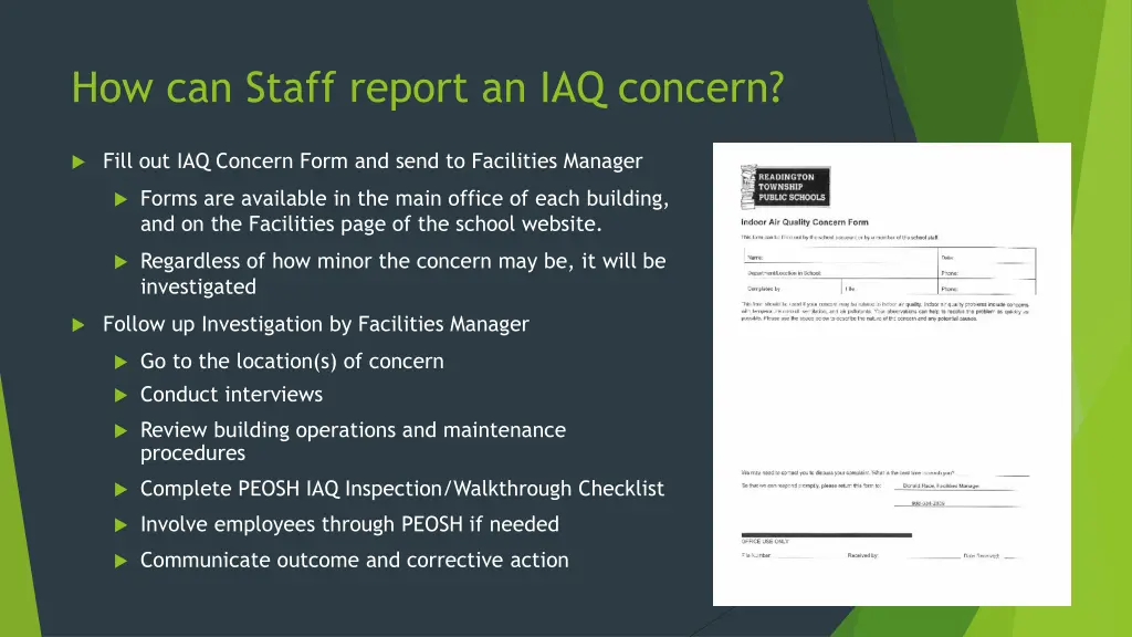 how can staff report an iaq concern