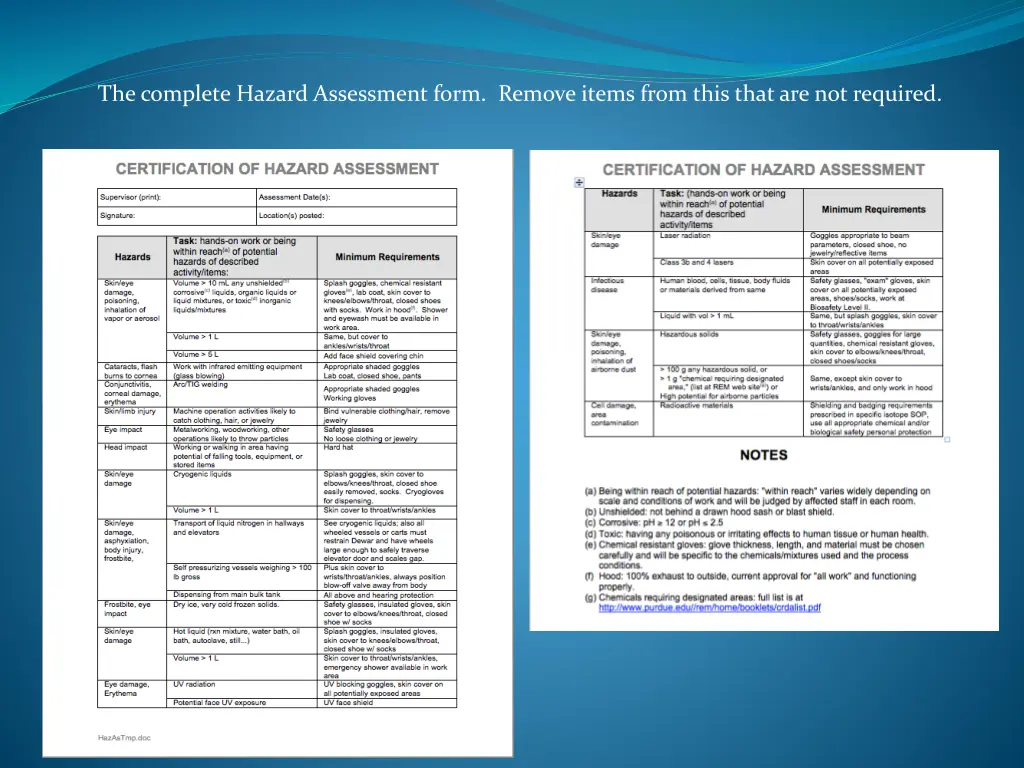 the complete hazard assessment form remove items