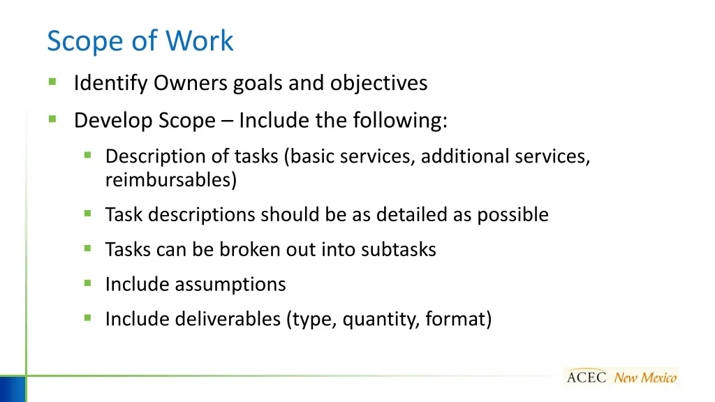 scope of work identify owners goals