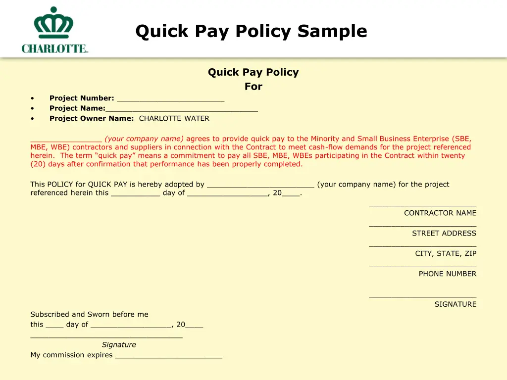 quick pay policy sample